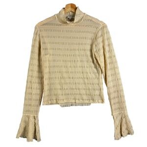 Reformation Cream Textured Turtleneck Neck Long Bell Sleeve Top Size L Blouse